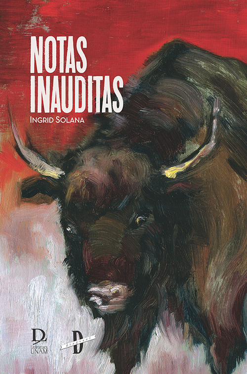 Portada de Notas inauditas: pintura de un bisonte con fondo rojo. Diseño de portada: Roxana Deneb y Diego Álvarez