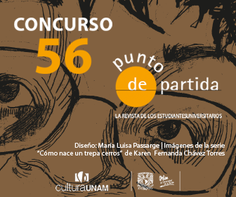 Convocatoria del Concurso 56 de Punto de Partida. Diseño de María Luiisa Passarge. Imagen de la serie "Cómo nace un trepa cerros" de Karen Fernanda Chávez Torres. 